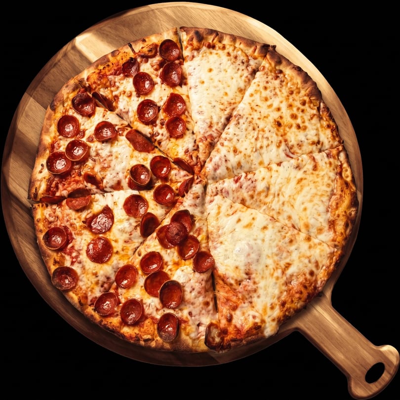 Half pepperoni and half cheese pizza on a wooden serving board, sliced and ready to eat.