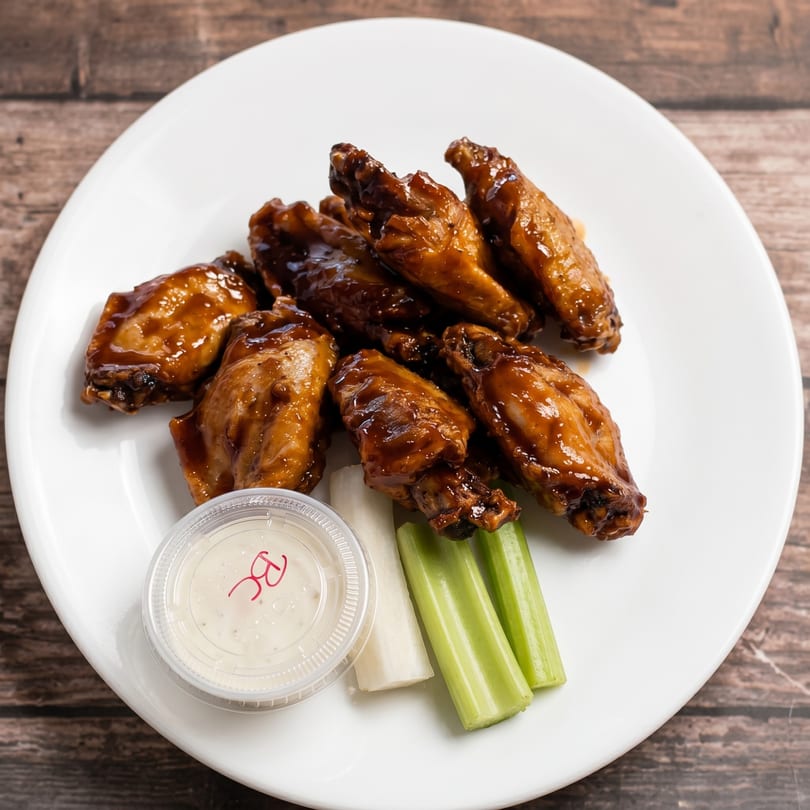 Plate of glazed chicken wings with celery, daikon radish, and a side of ranch dressing.