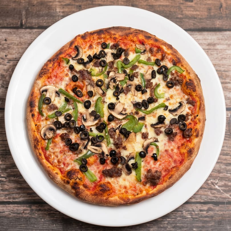 A whole pizza with mushrooms, black olives, green peppers, and ground meat on a white plate.