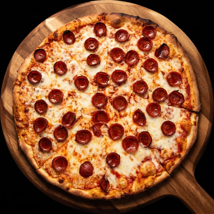 A whole pepperoni pizza with melted cheese and a crispy crust on a wooden serving board.